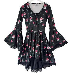 Gothic Black Velvet Sugar Skull Floral Lace Trim Dress Costume Goth Grunge Small